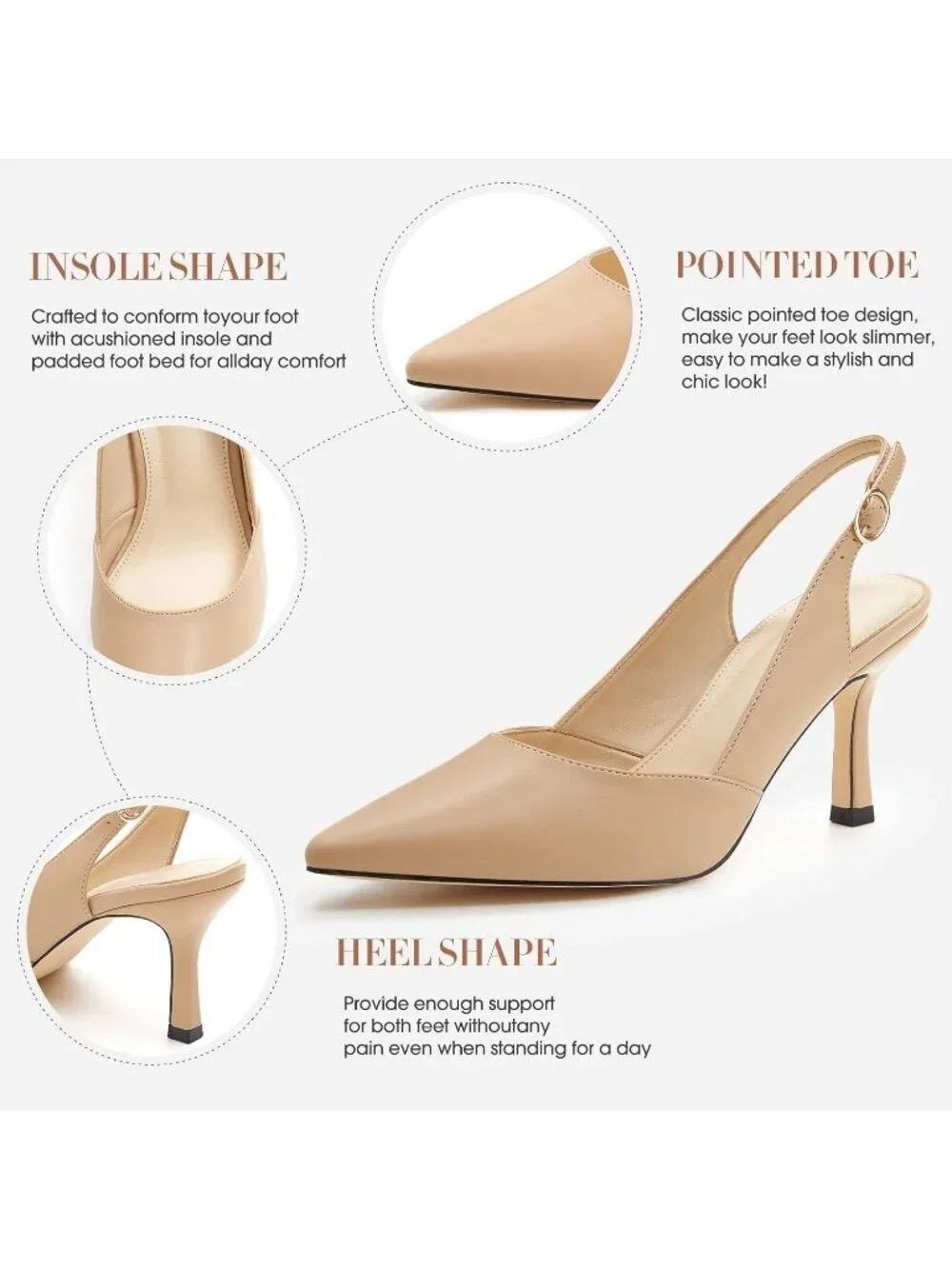 Women's Slingback Kitten Heels Closed Light Khaki/Pu Toe Backless Pumps Shoes